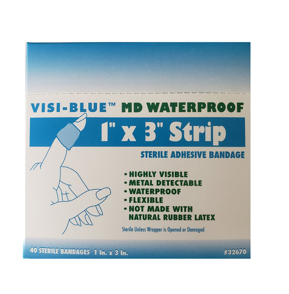 Visi-Blue Metal Detectable Waterproof 1" x 3" Bandages - 40 Count