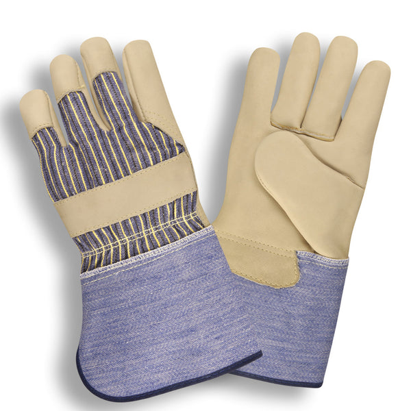 Premium Leather Palm Striped Canvas Gloves, Gauntlet - 12 Pairs