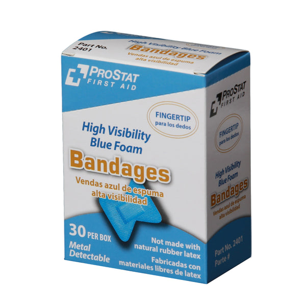 High Visibility Blue Foam Adhesive Fingertip Bandages - 30 Count