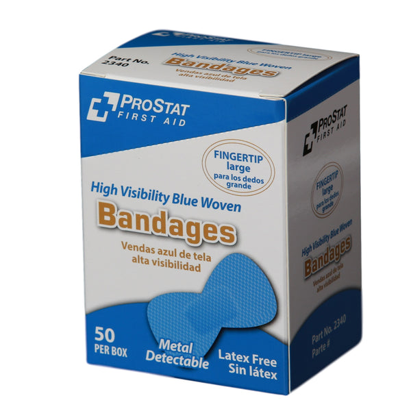 High Visibility Blue Woven Adhesive Fingertip Bandages - 50 Count